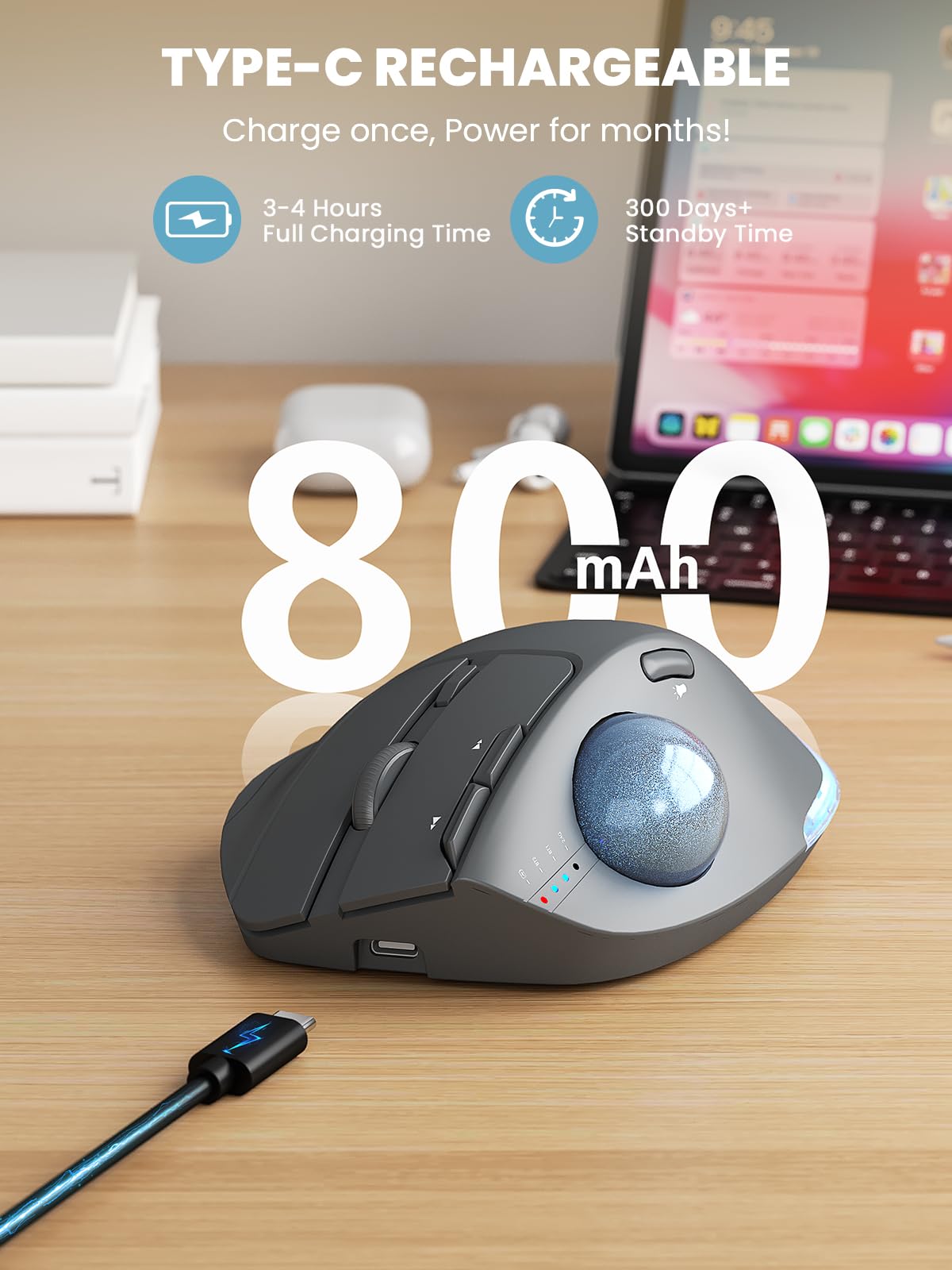 Ergonomic Wireless Trackball Mouse, Rechargeable Adjustable 0°/18° Angle Gray ball