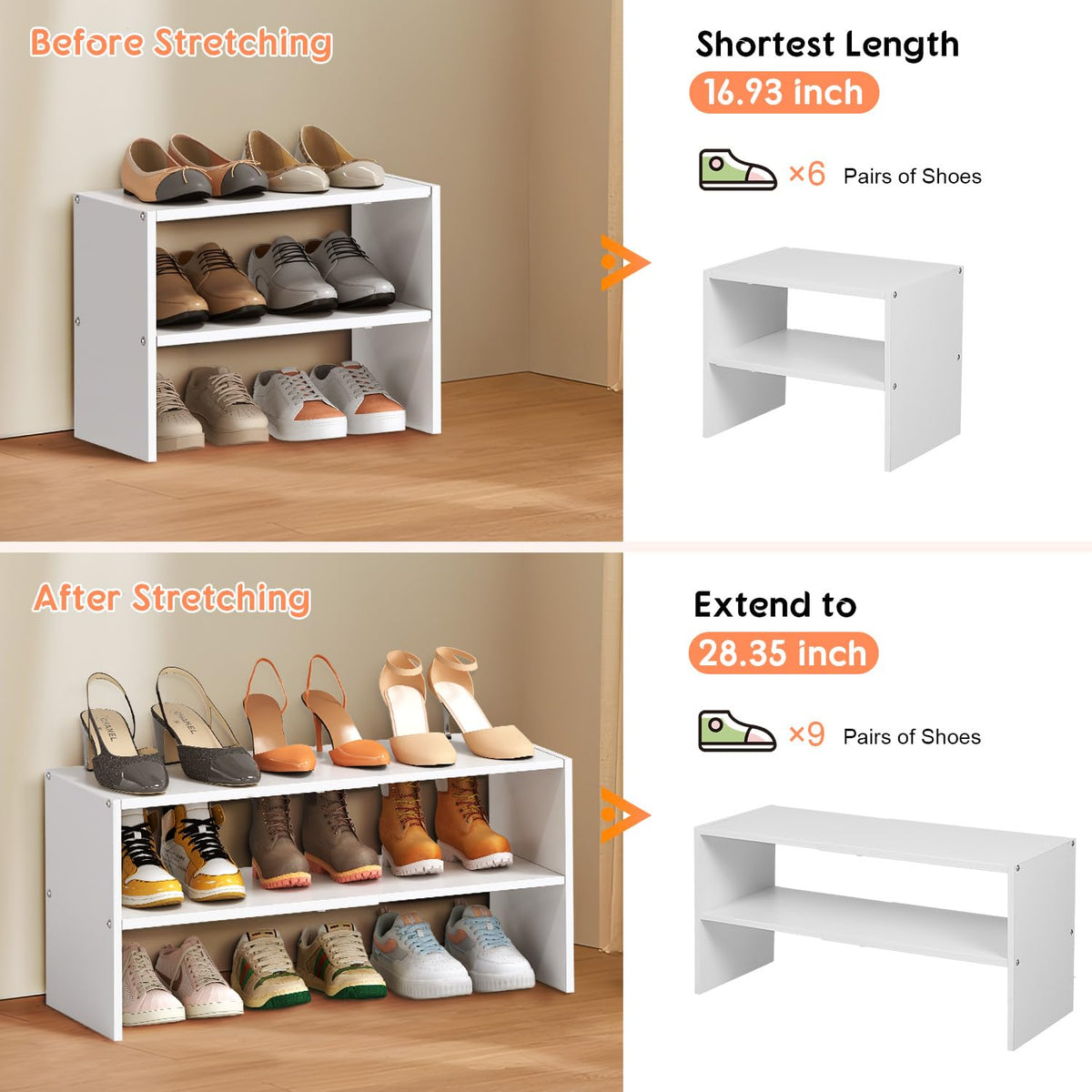 3-Tier Expandable White Shoe Rack Organizer for Closet, Stackable Shoe Racks Storage Shelf, Small Metal Wood Combination Shoe Shelves for Closets,Entryway,Front Door, Narrow Space,Hallway,8-16 Pairs 1 PACK(3-Tier）