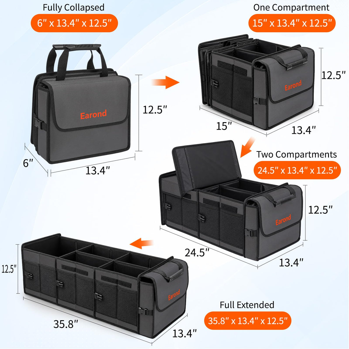 Collapsible Trunk Organizer with Insulated Leakproof Cooler Bag,Removable Lid,Adjustable Securing Straps,3 Compartments Trunk Organizer for SUV,Truck,Sedan(Grey & Black) Black&Grey With Cooler