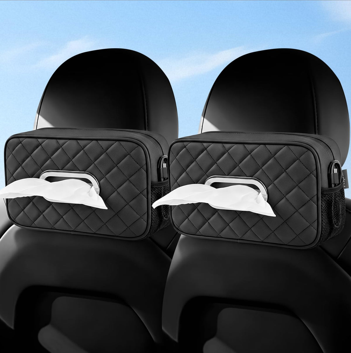 2PCS Multi-Functional Car Tissue Holder with ‌2 Tuck Nets, Tissue Box Cover 2pack Deep Black