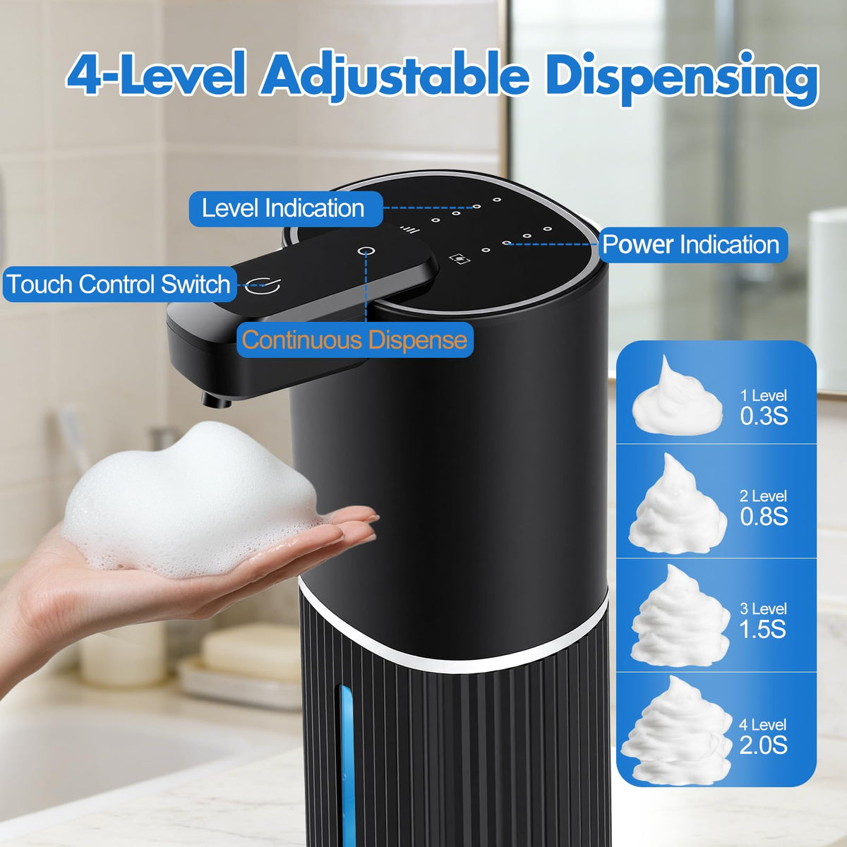 Automatic Soap Dispenser, Foaming Soap Dispenser Touchless with Continuous Dispensing, 4-Level Adjustable, Rechargeable Hand Soap Dispensers, Wall Mounted or Countertop for Bathroom & Kitchen Gold