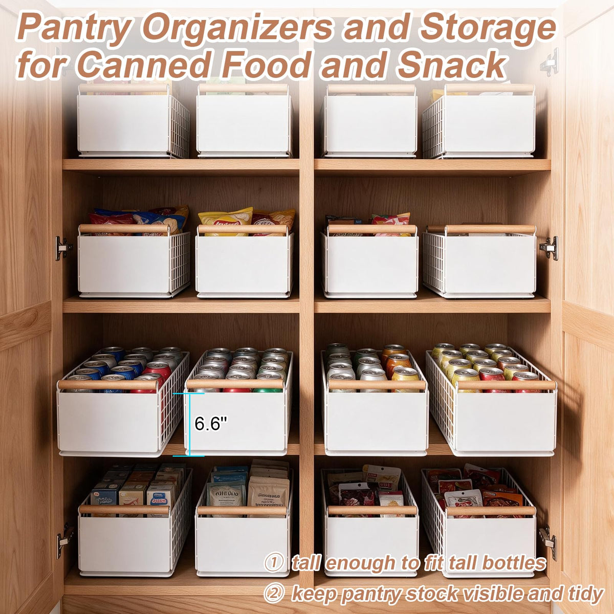 2 Pack Pull Out Cabinet Organizer Slide Out Storage Baskets with Wooden Handle, Spice Rack for Kitchen, Pantry Shelves No Drill Pullout Drawers for Under Sink, 6.6''H*9.3''W*15.7''D White 2 Pack