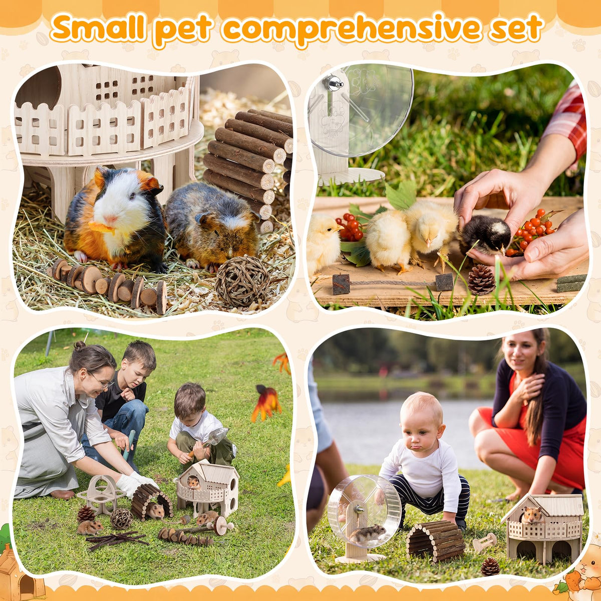 11 Pcs Hamster Cage Accessories, 9.5" Wooden Gerbil Wheel