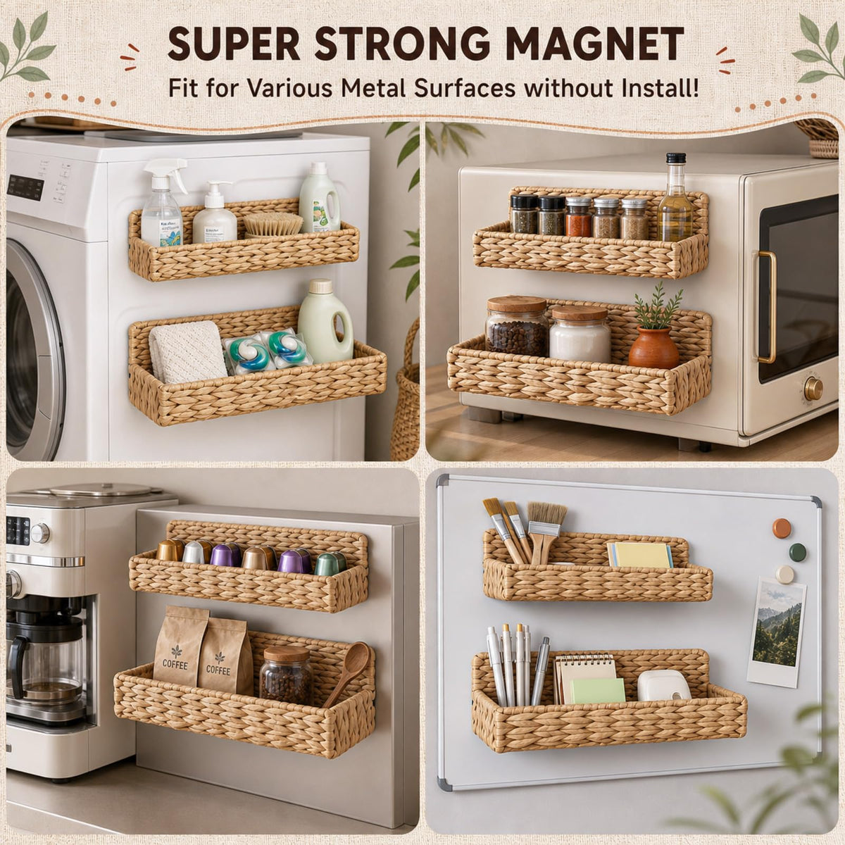 4 Pcs Magnetic Spice Rack for Refrigerator, Magnetic Shelf, Water Hyacinth