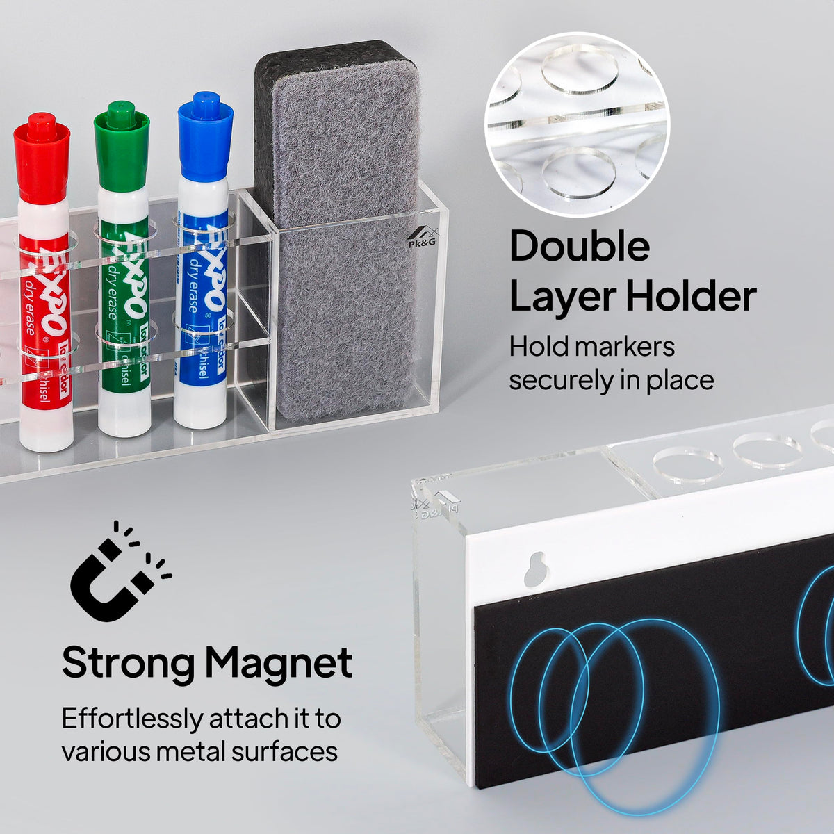 Slim Magnetic Dry Erase Marker Holder for Whiteboard, Space Saving Pen Organizer with Glass and Wall Mount Accessories for Fridge, Office, and School. Markers, Eraser, Cleaner Not Included (Black) Black