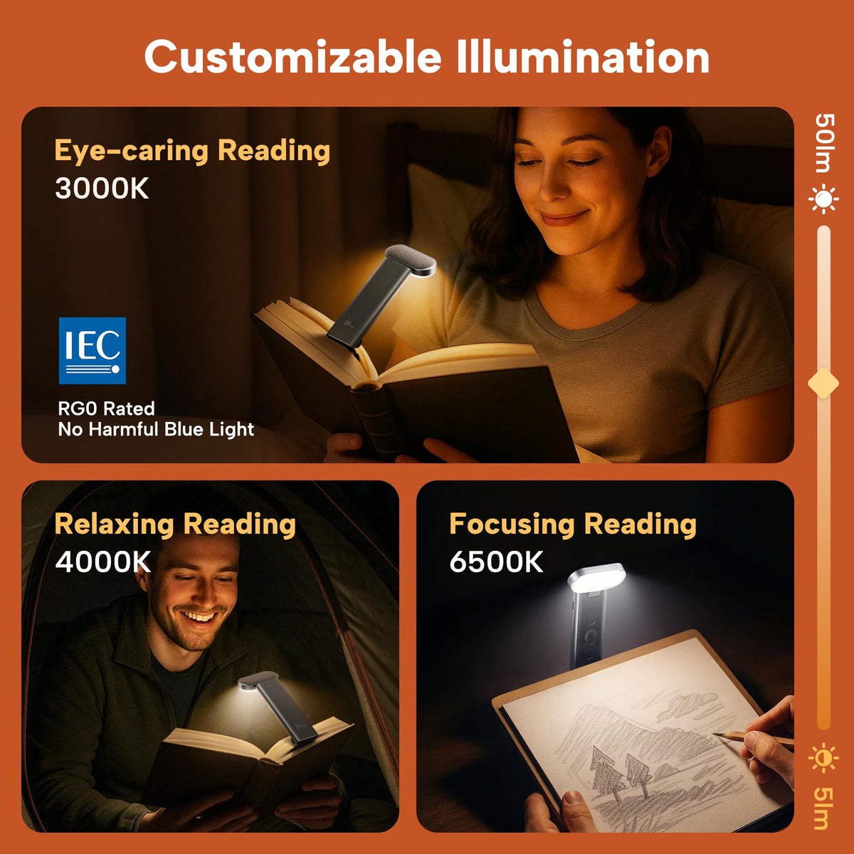 86lux Book Light, Reading Light for Book in Bed, USB Rechargeable LED Night Light with 3 Colors & Limitless Dimming, Aluminum Alloy Bookmark Light for Book Lovers,Technology Black