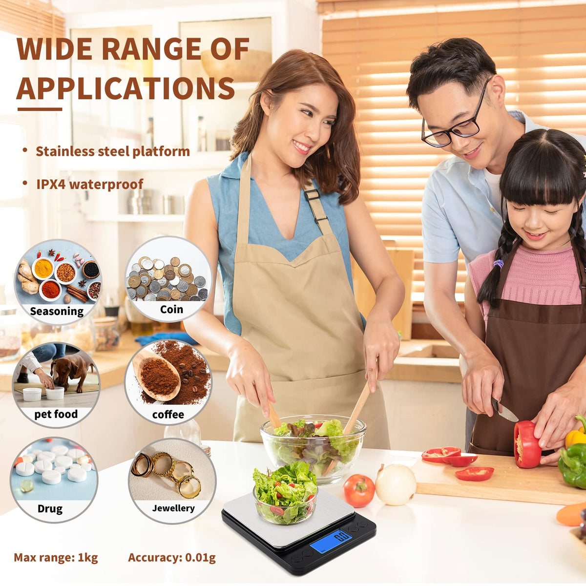 Small Digital Gram Scale 1000g by 0.01g, MEIYA High Accuracy Scale for Food Ounces and Grams, Upgrade USB Charging Kitchen Scale Digital Weight for Cooking, Baking, with Tare Function, 9 Units, 2 Tray Black