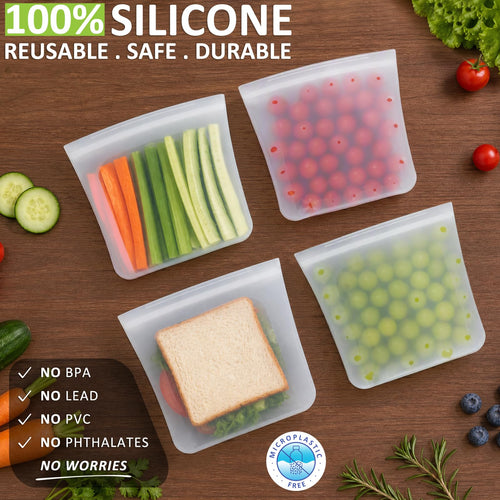 100% Silicone Ziplock Reusable Sandwich Bags, BPA Free, 4 Pack, Translucent Tranlucent | 30oz | 4 Pack