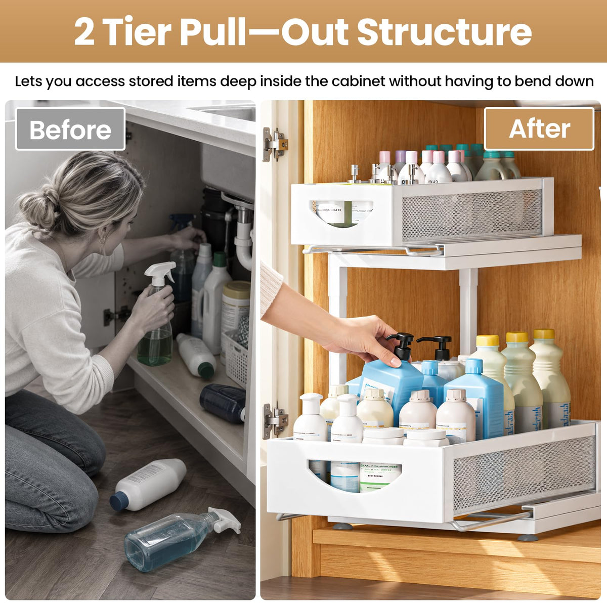 Under Sink Organizer for Kitchen and Bathroom Cabinets Pull Out Storage White 2 Pack 2Tier