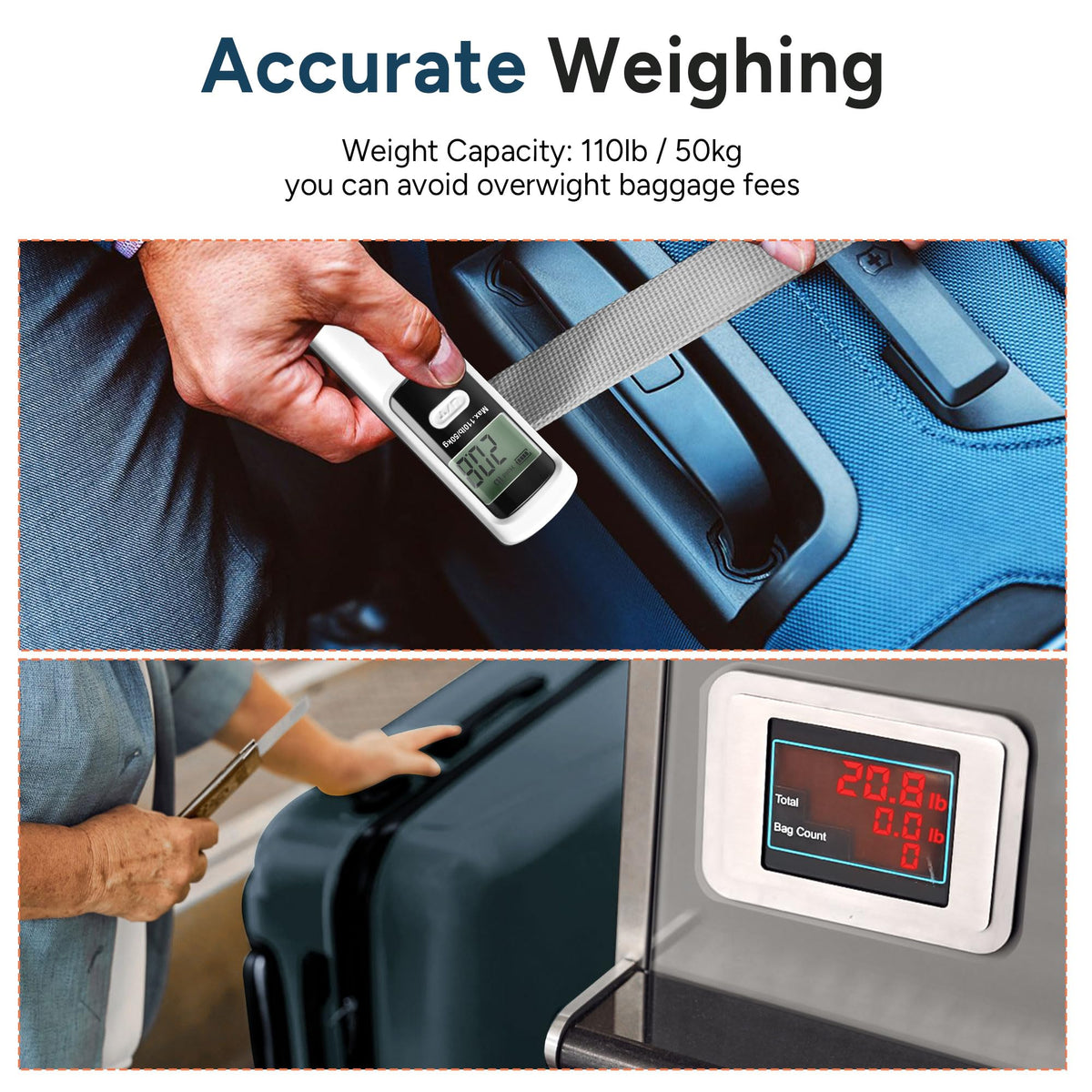 Battery-Free Luggage Scale – No Batteries Needed, Portable Digital Hanging Suitcase Weight Scale for Air Travel & Checked Bags, 110lb/50kg, LCD Display, Compact Travel Accessory Red-Large Handle
