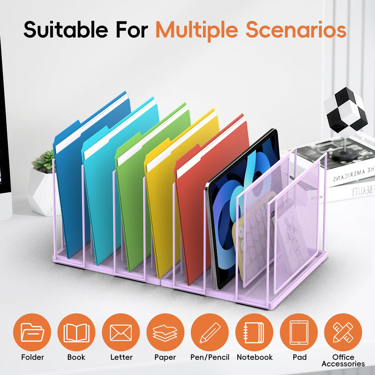 File Organizer For Desk, 7 Section Metal Desktop File Sorter, Black