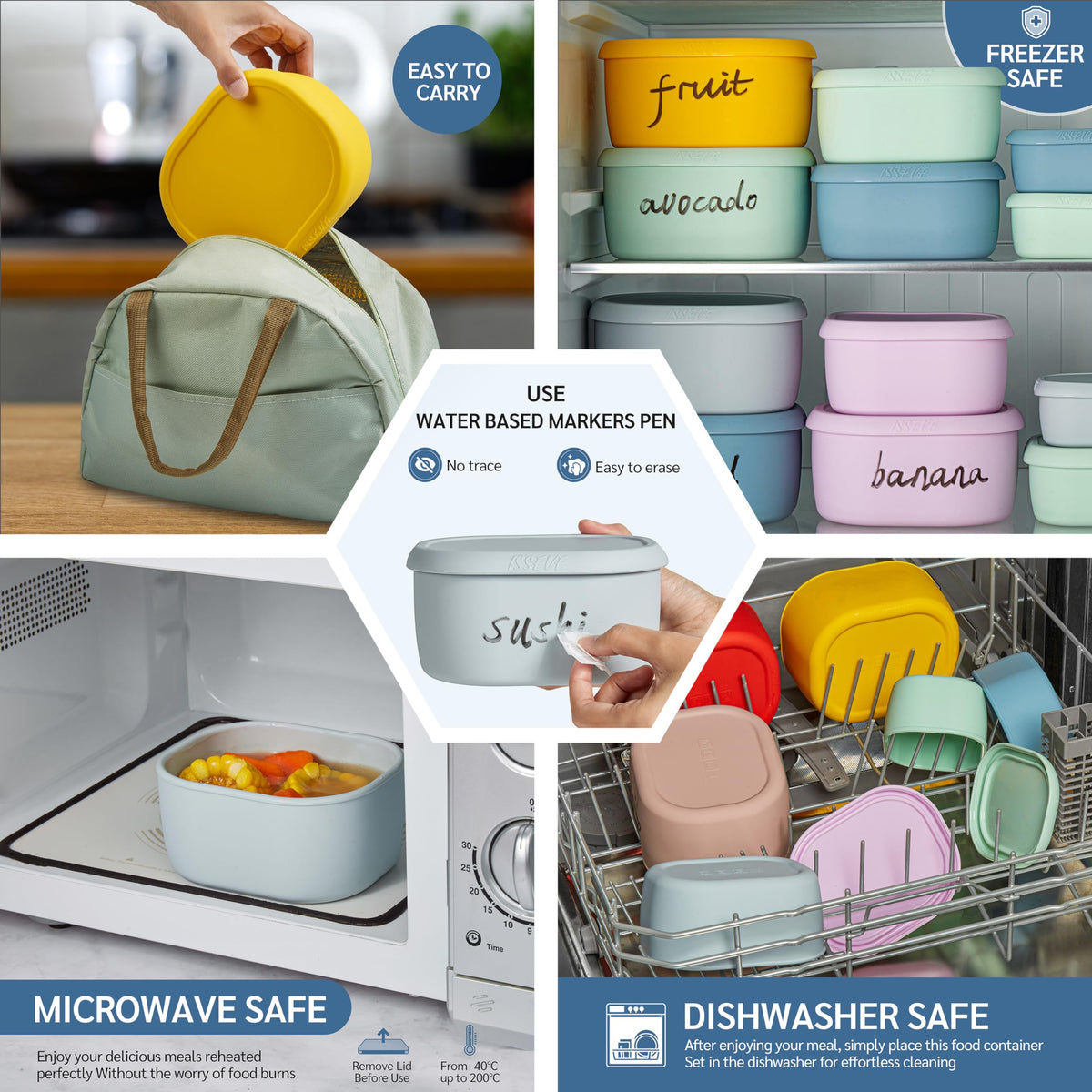 ISSEVE 12Pcs/Set Nesting Silicone Food Storage Containers with Lids Blue