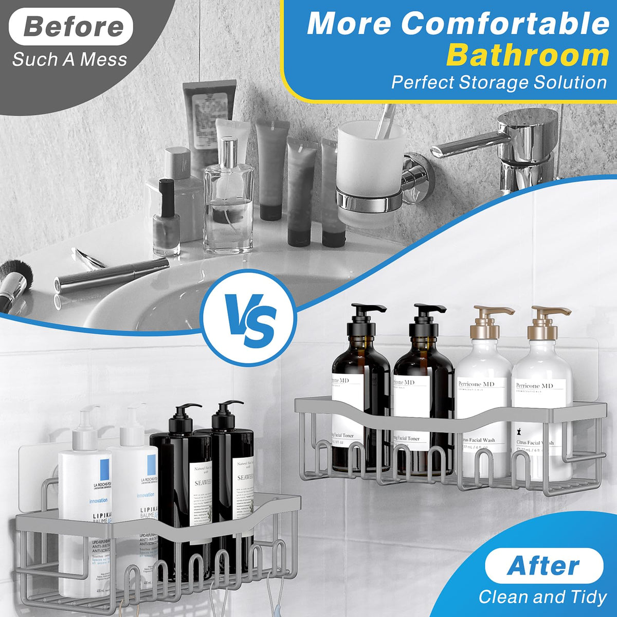 EUDELE Adhesive Shower Caddy, 5 Pack Rustproof Stainless Steel Bath Organizers With Large Capacity, No Drilling Shelves for Bathroom Storage & Home Decor Black