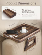 TINAMO Sofa Arm Tray with 360° Phone Holder, Clip-On Tray, Walnut Finish 13.8" x 9.5" x 1"