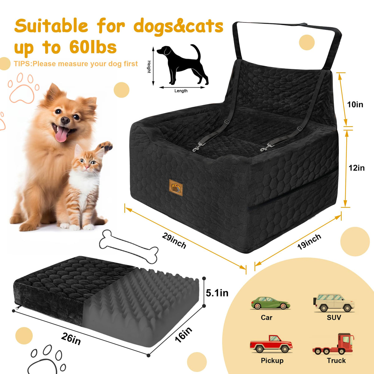 Dog Car Seat for Medium/Large Dog Booster Seat Under 60 lbs or 2 Small Dogs, Multi-Functional Pet Car Seat with Thick Cushion, 2 Safety Leashes (Gray) Gray Large