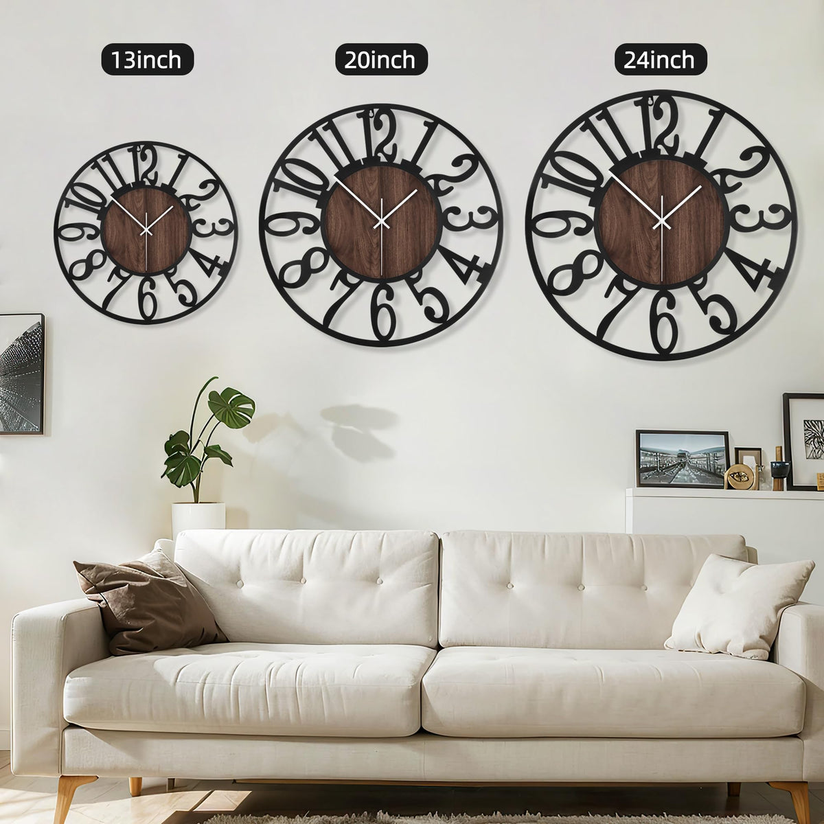 Maxstar Round Wall Clock for Living Room Decor Battery Operated Non Ticking Black Metal Wood Clocks for Home Living Room Garden Office Kitchen Decoration -16 inch Black-arabic Numerals 16 Inch