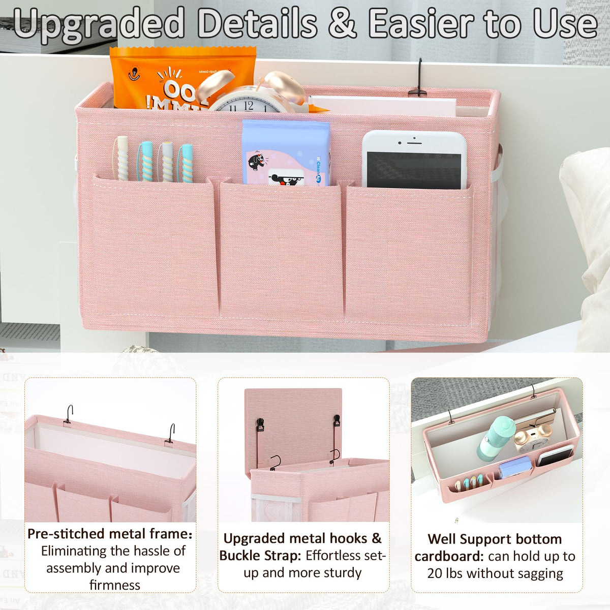 Bedside Caddy Bedside Storage Hanging Organizer for Bunk Dorm Bed Rail New Pink