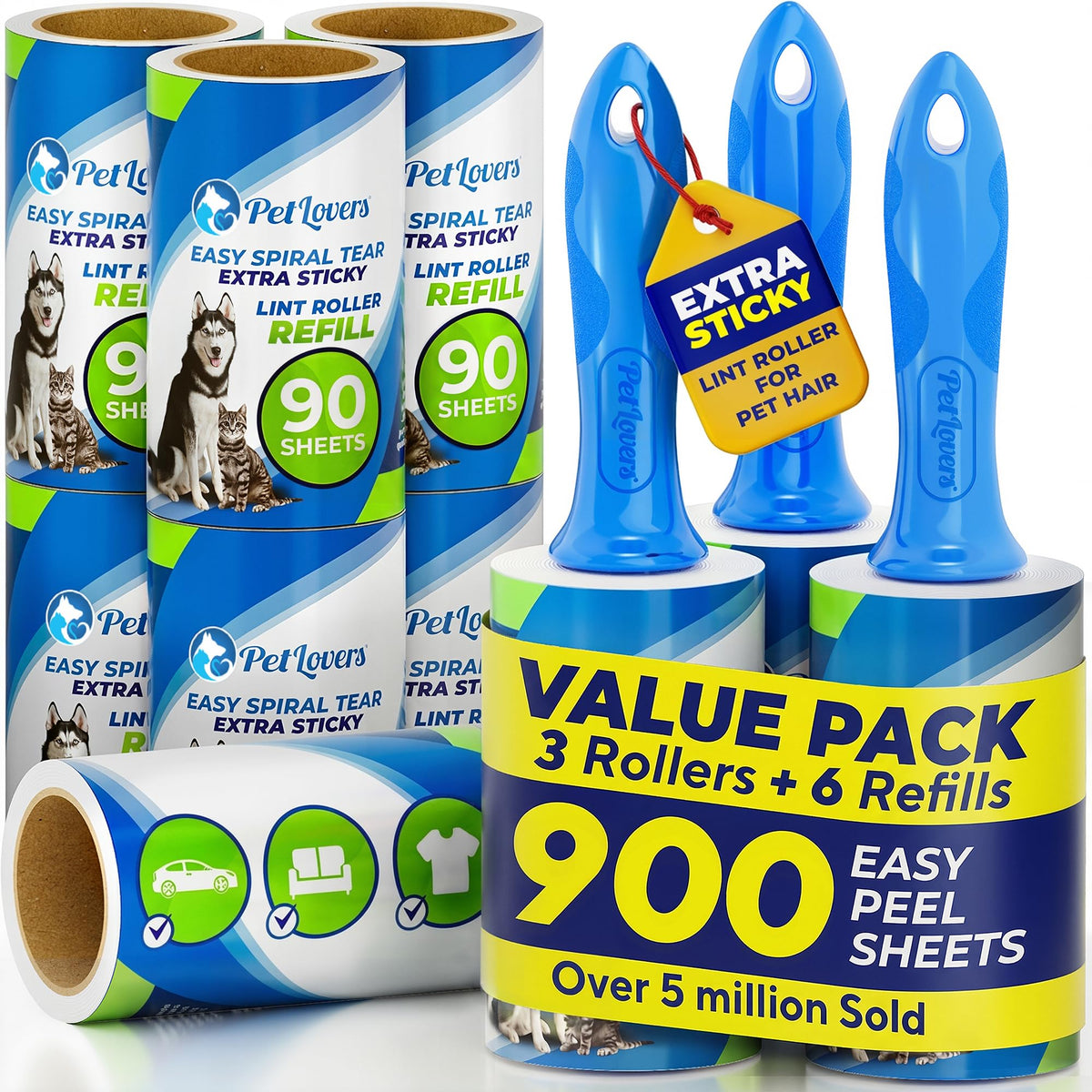 PetLovers Large Lint Roller with 3 Refills – 360 Total Sheets for Tackling...