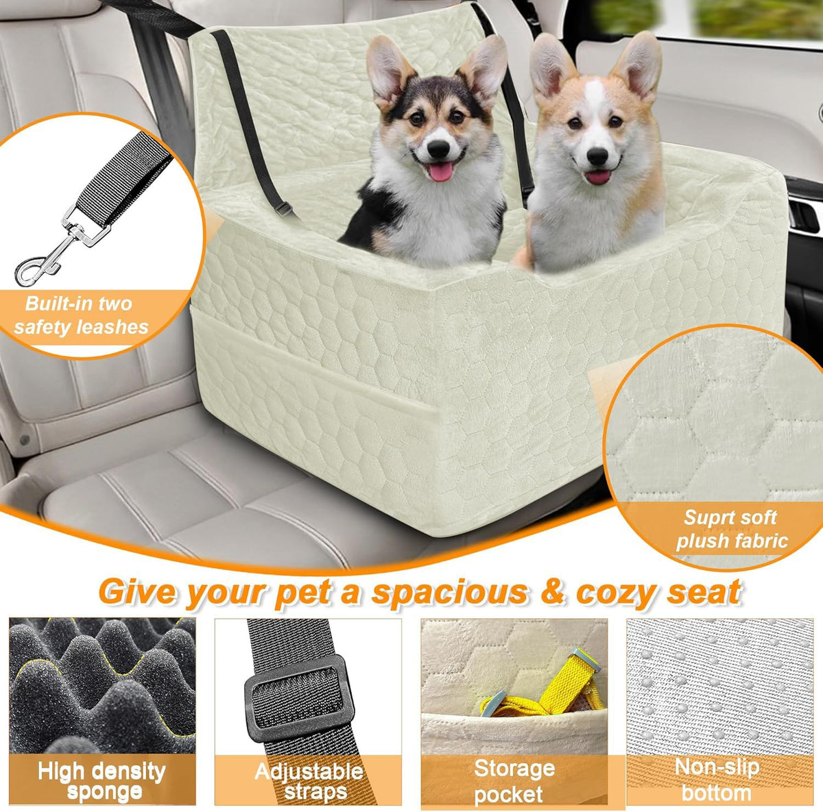 Dog Car Seat for Medium/Large Dog Booster Seat Under 60 lbs or 2 Small Dogs, Multi-Functional Pet Car Seat with Thick Cushion, 2 Safety Leashes (Gray) Gray Large