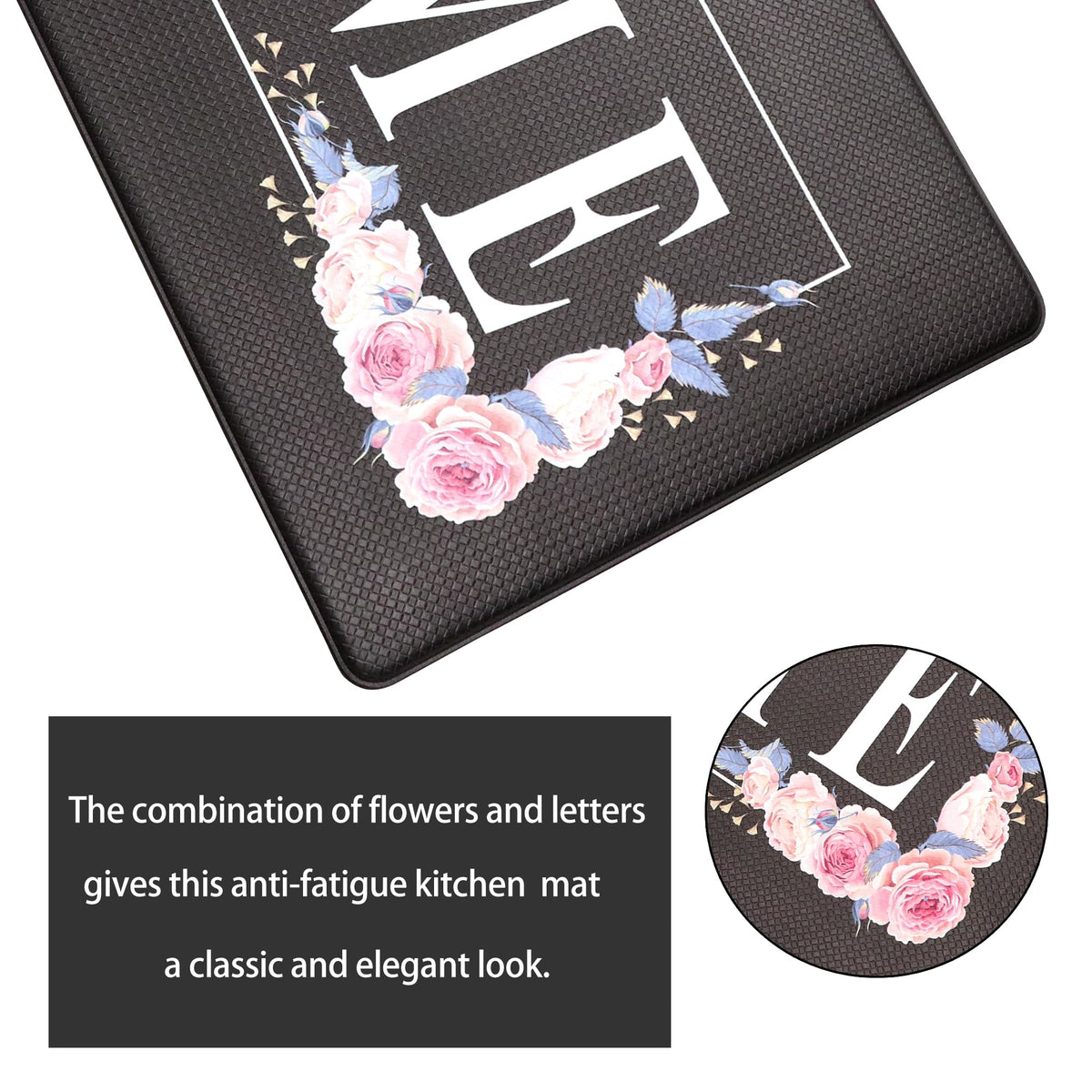 Floral Kitchen Mat Sets 2PCS Non Skid Waterproof Kitchen Rugs and Runner Sets Cushioned Anti-Fatigue Comfort Mat for Home,Office Memory Foam Kitchen Rug, 17.3"x30"+17.3"x47", Black/Pink 17"x30"+17"x47"--0.4 inches