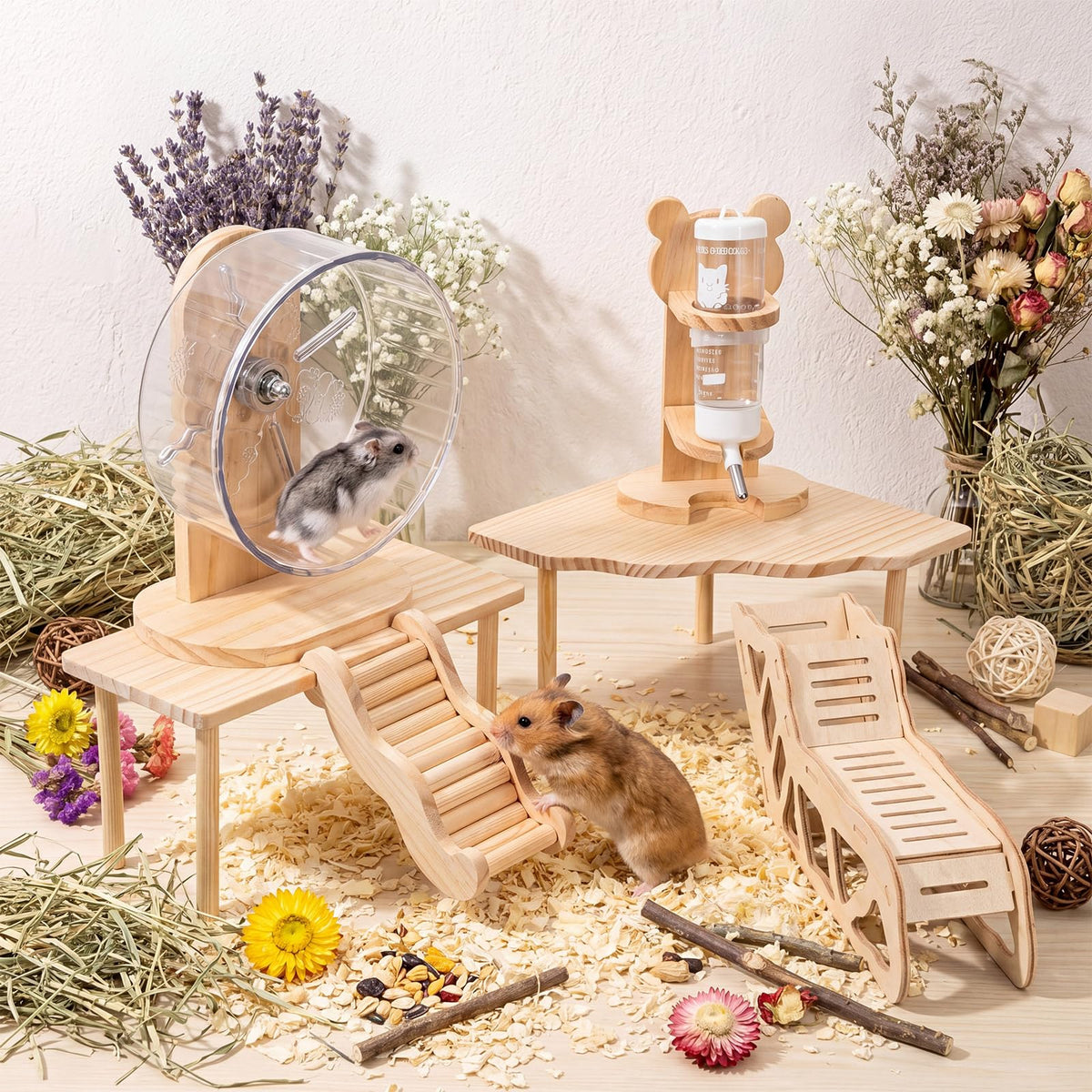 BreezeHug 6 Pcs Wooden Hamster Cage Accessories, Hamster Tunnels, Stylish