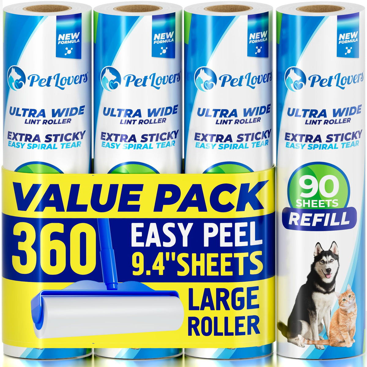 PetLovers Large Lint Roller with 3 Refills – 360 Total Sheets for Tackling...