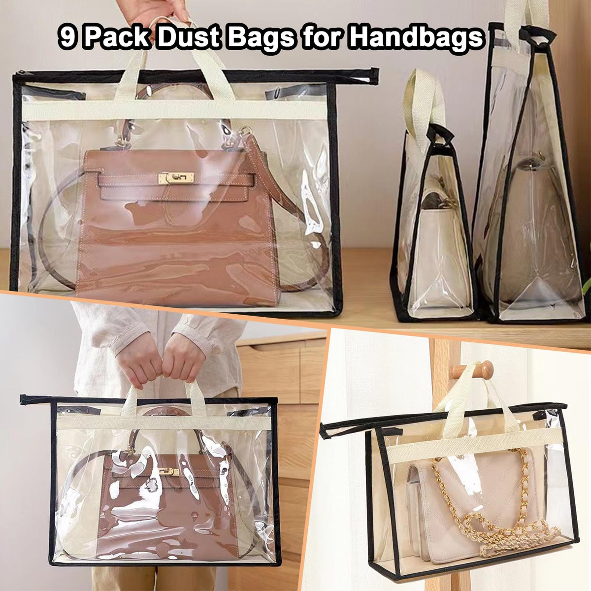 9 Pack Dust Bags for Handbags,Clear Purse Storage Organizer for Closet