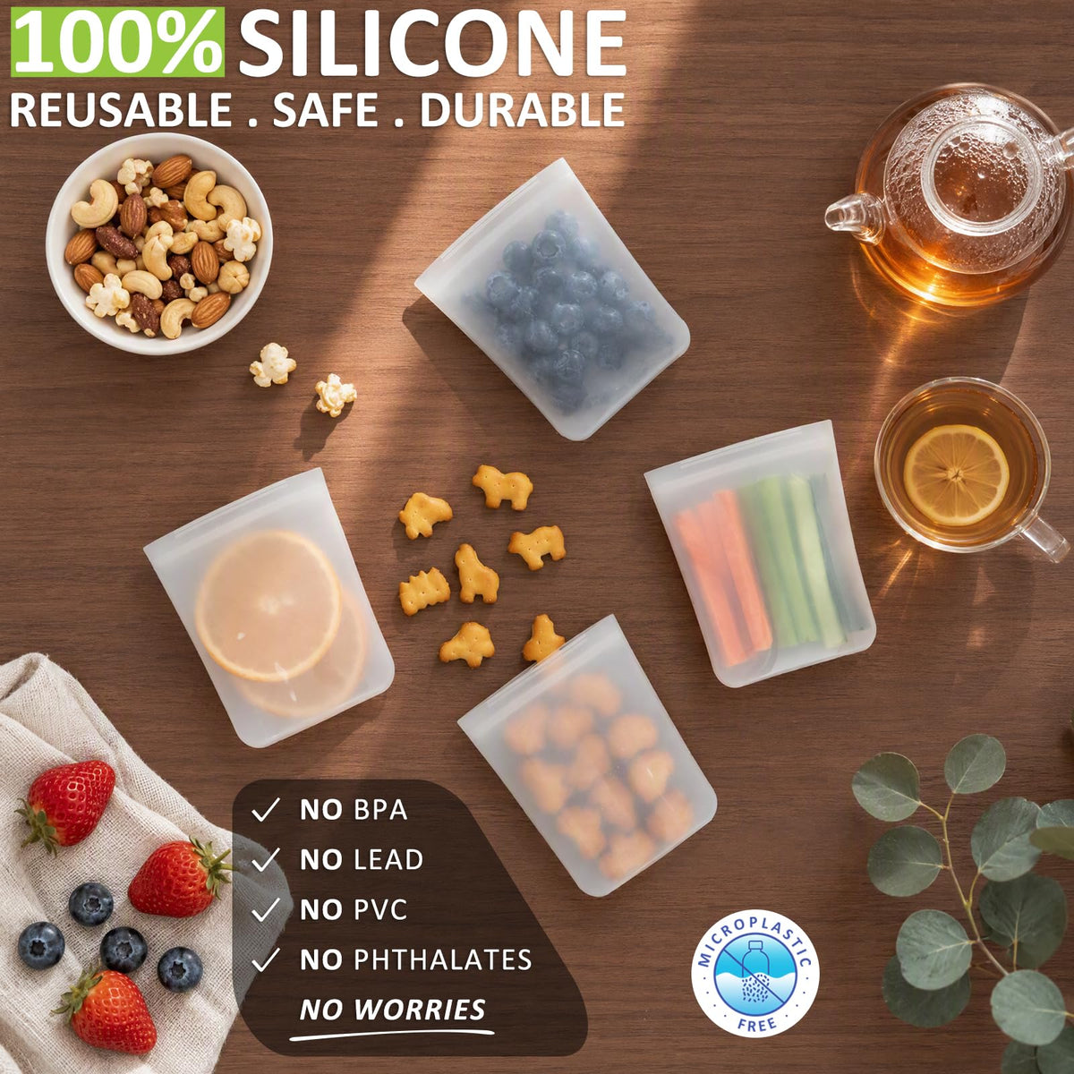 100% Silicone Mini Ziplock Reusable Pocket Snack Bags 4oz, BPA Free, 4 Pack Tranlucent | 4oz | 4 Pack