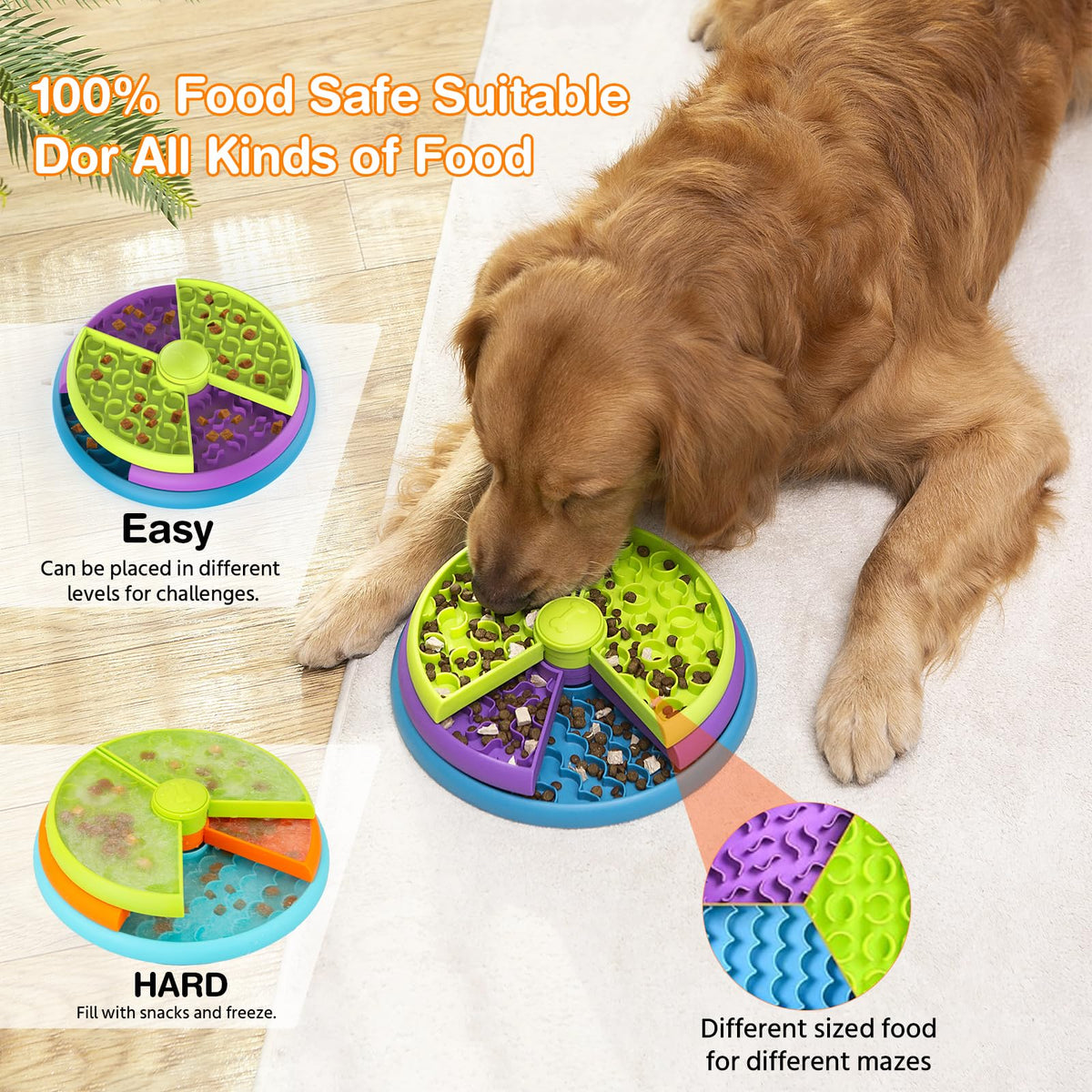 Atdoall Slow Feeder Dog Bowl, 3-Level Interactive Dog Puzzle Feeder Orange