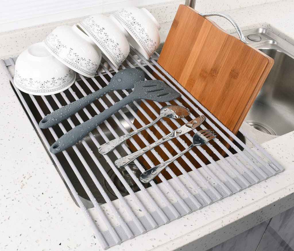 Surpahs 17.5 x 13.1 Inch Roll-Up Dish Drying Rack, Warm Gray