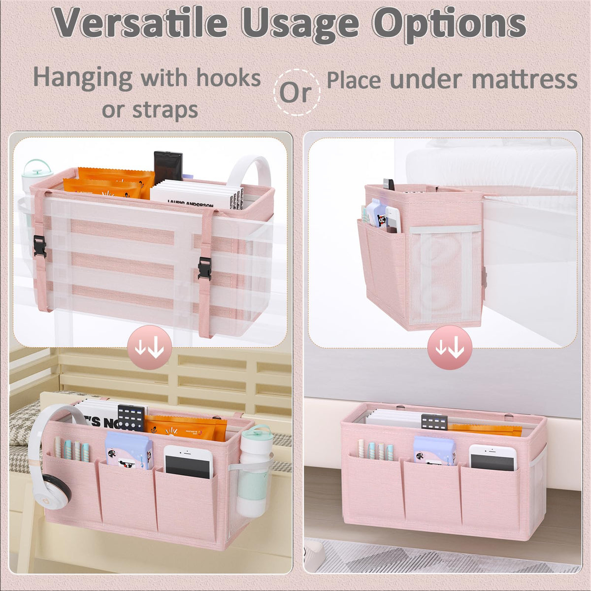 Bedside Caddy Bedside Storage Hanging Organizer for Bunk Dorm Bed Rail New Pink