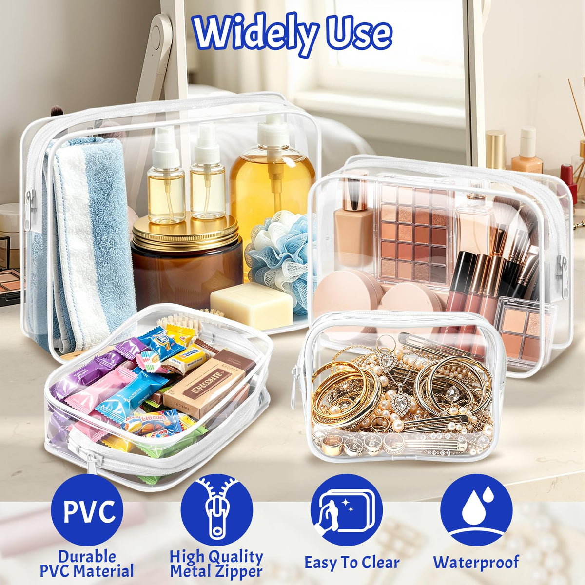 4 Pieces Clear Cosmetic Bags Bulk TSA Approved Toiletry Bag for Travel PVC Waterproof Clear Makeup Pouch with Zipper for Men and Women Carry-on Travel Essentials 4pcs SML Black
