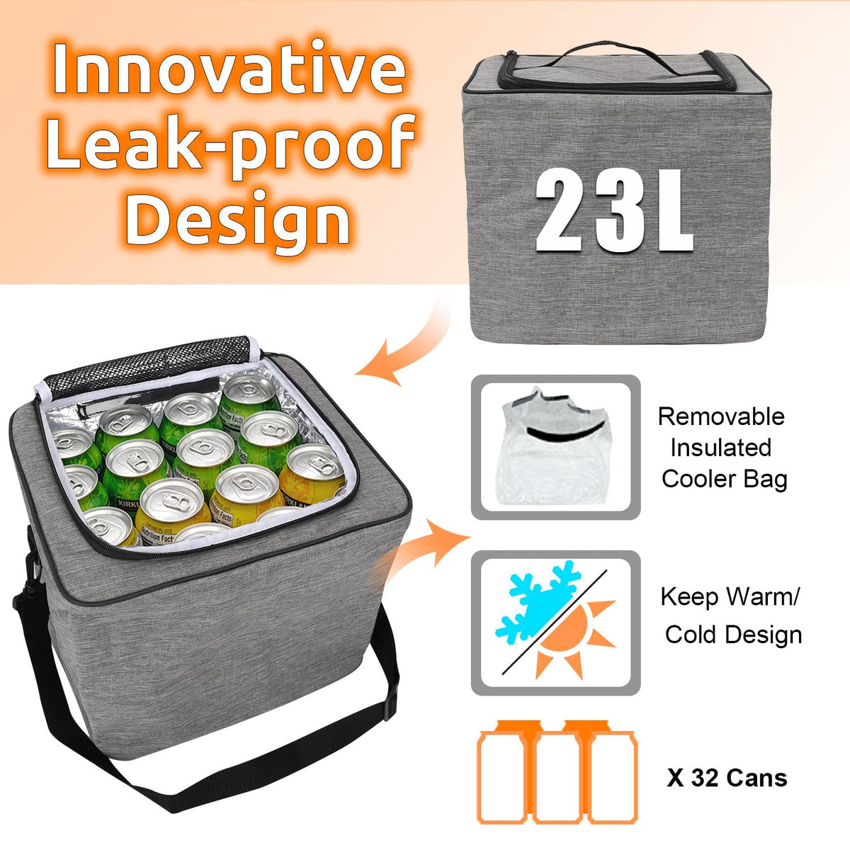 Collapsible Trunk Organizer with Insulated Leakproof Cooler Bag,Removable Lid,Adjustable Securing Straps,3 Compartments Trunk Organizer for SUV,Truck,Sedan(Grey & Black) Black&Grey With Cooler