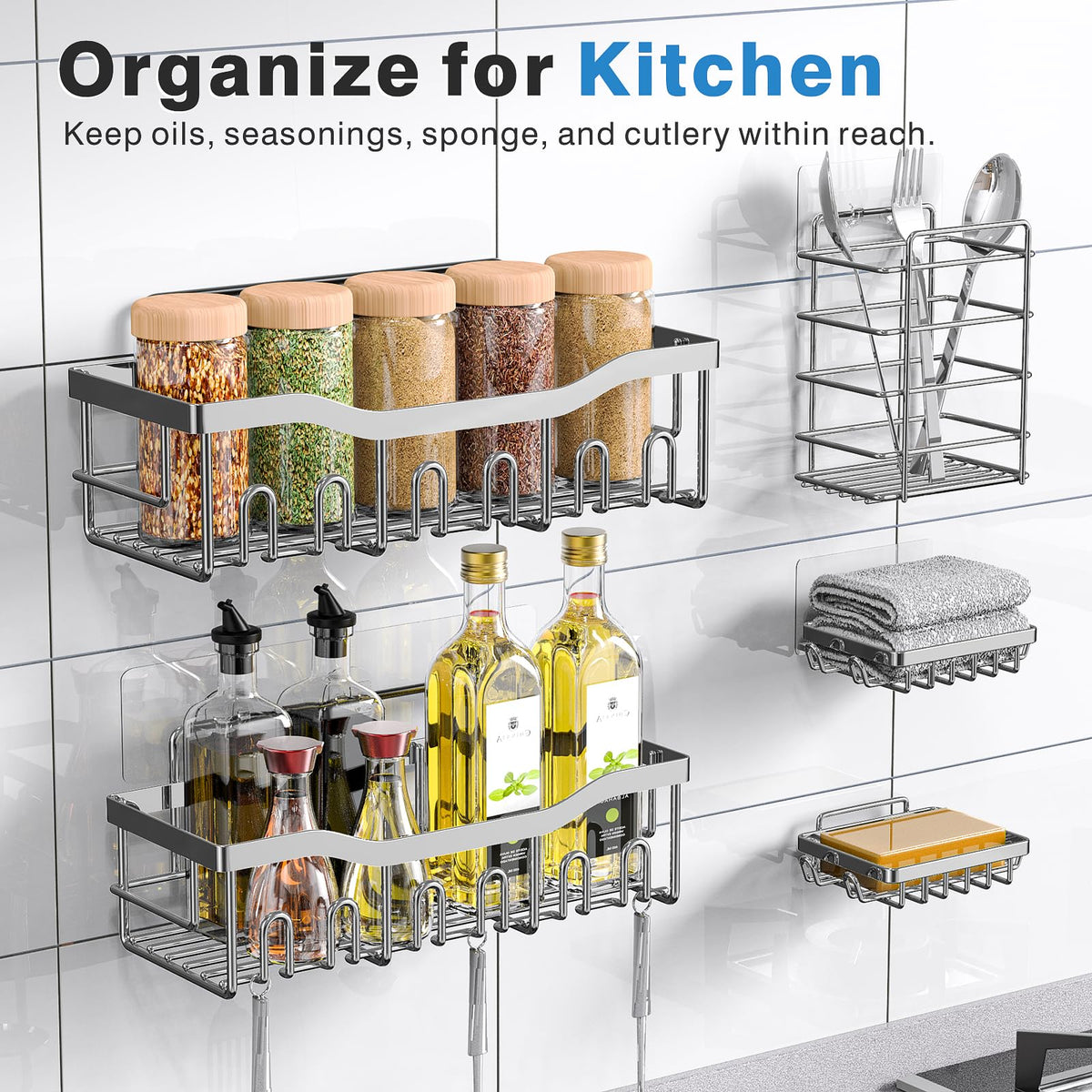EUDELE Adhesive Shower Caddy, 5 Pack Rustproof Stainless Steel Bath Organizers With Large Capacity, No Drilling Shelves for Bathroom Storage & Home Decor Black