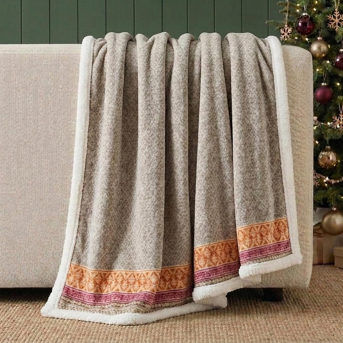 Nordic Plaid Green Sherpa Throw Blanket for Bed and Couch