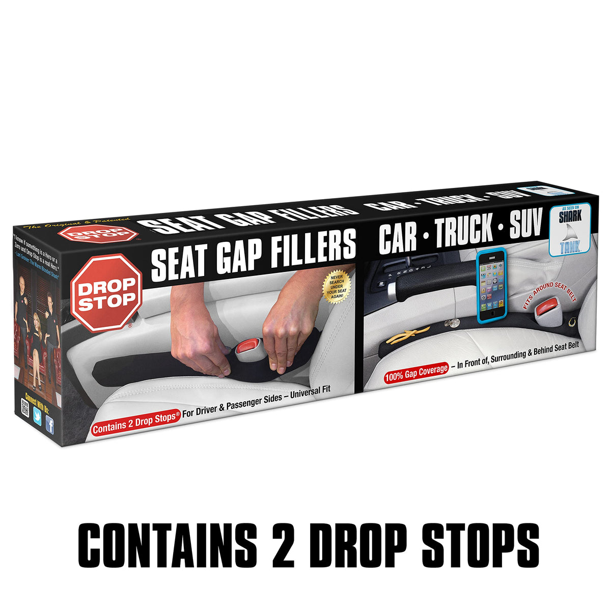 Drop Stop – 2 Original Car Seat Gap Fillers (Shark Tank) + Dash Pad + Light