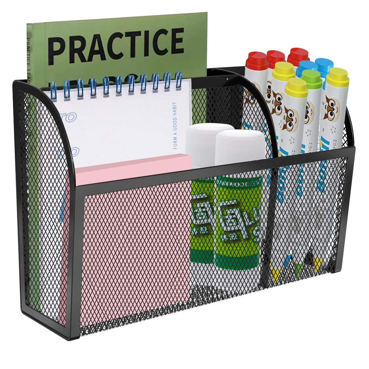 Magnetic Pencil Holder-Magnetic Basket for Fridge 3-Grid Mesh Magnetic Pen Holder for Refrigerator, Extra Strong Magnets Mesh Marker Holder Locker Accessories Organizer for Whiteboard Black