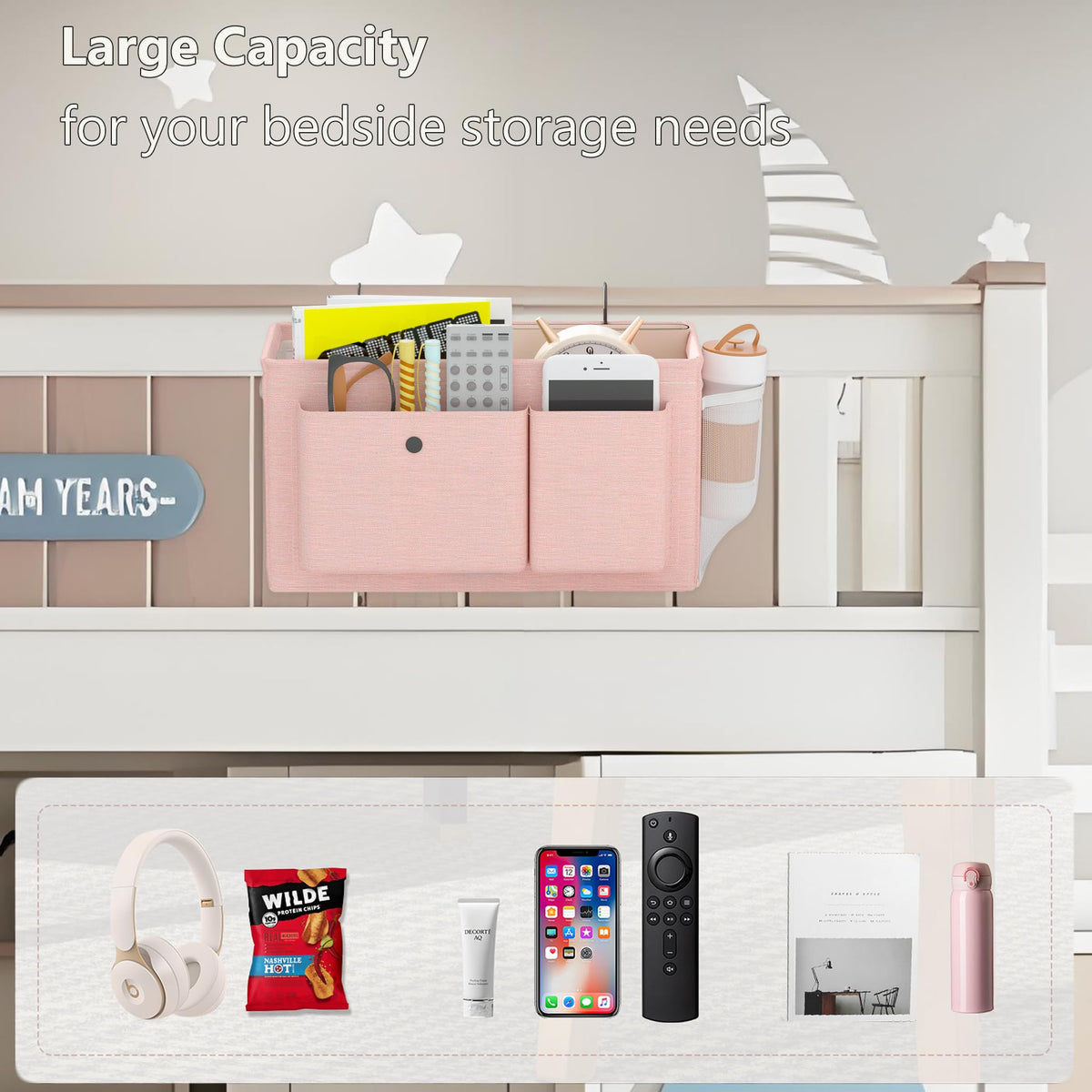Bedside Caddy Bedside Storage Hanging Organizer for Bunk Dorm Bed Rail New Pink