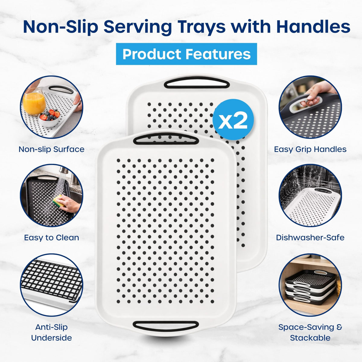Food Trays for Eating on Couch - 2 Pack - Non Slip Dinner Trays for Eating Set of 2 Non Slip Serving Tray and Food Tray with Handles (Black & White) Black and White - 2 Pack