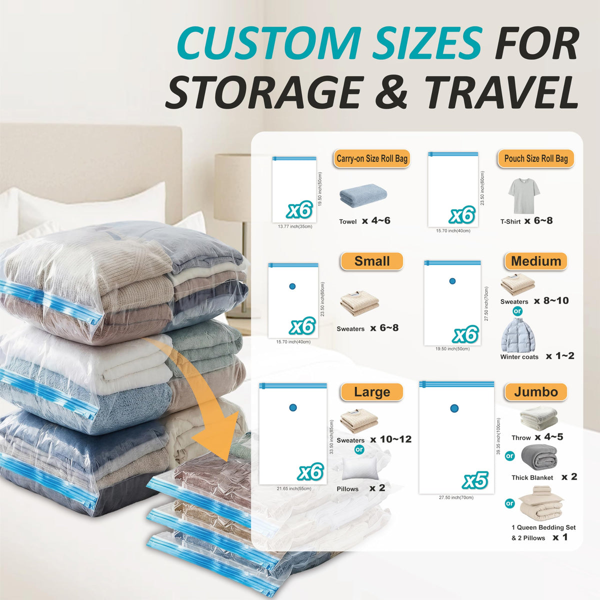 12 Jumbo Vacuum Storage Bags for Blankets & Bedding, Space Saver Bags 12 Jumbo