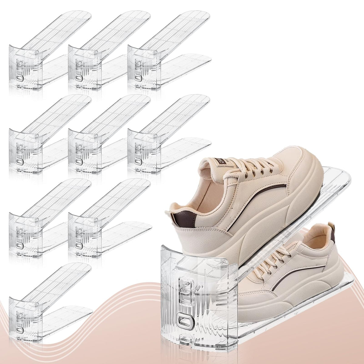 FENRUNXU Shoe Slots Organizer for Closet, Shoe Stacker Organizer Double Layer Stack Shoe Rack, Shoe Display Shelf 50% Space Saver Storage Holder for Closet, 12PACK Gold 12 Pack