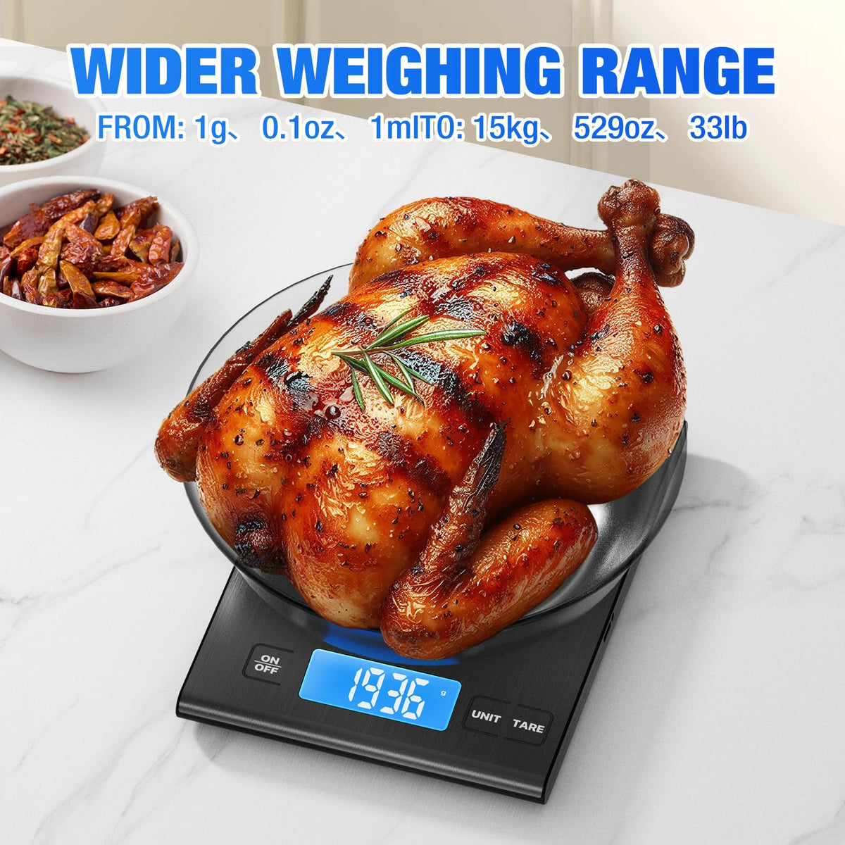 33lb Rechargeable Food Scale, Diyife 304 Stainless Steel Kitchen Scale Silver Medium