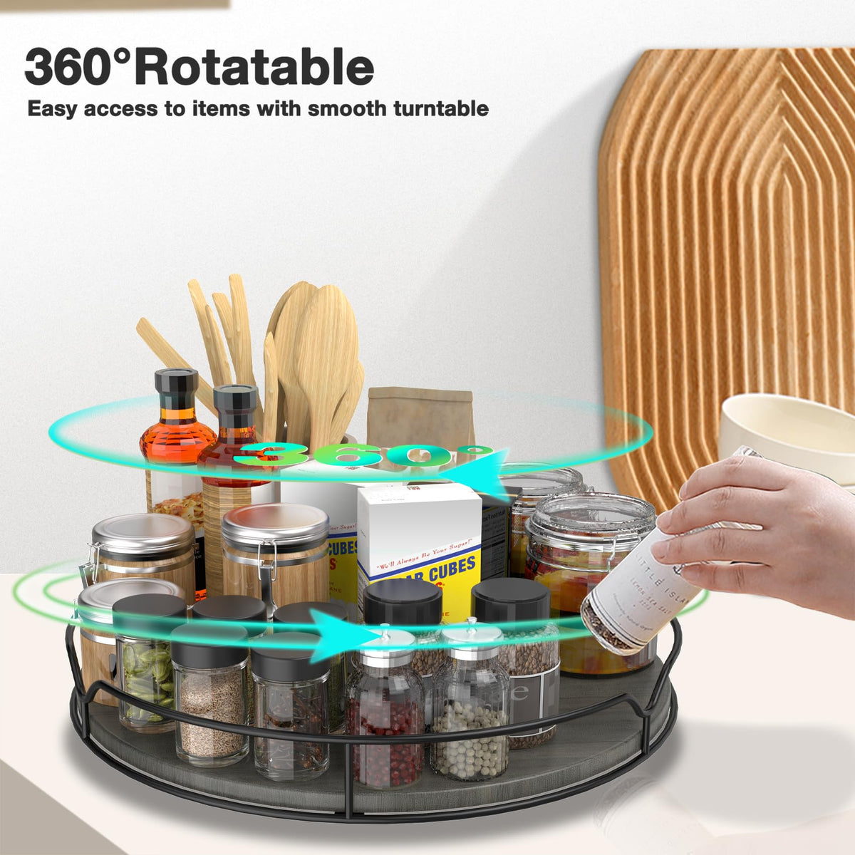 Lazy Susan Turntable Organizer for Cabinet Pantry Kitchen Countertop Refrigerator Cupboard, Pine Wood, 9", Carbonized Black 9''