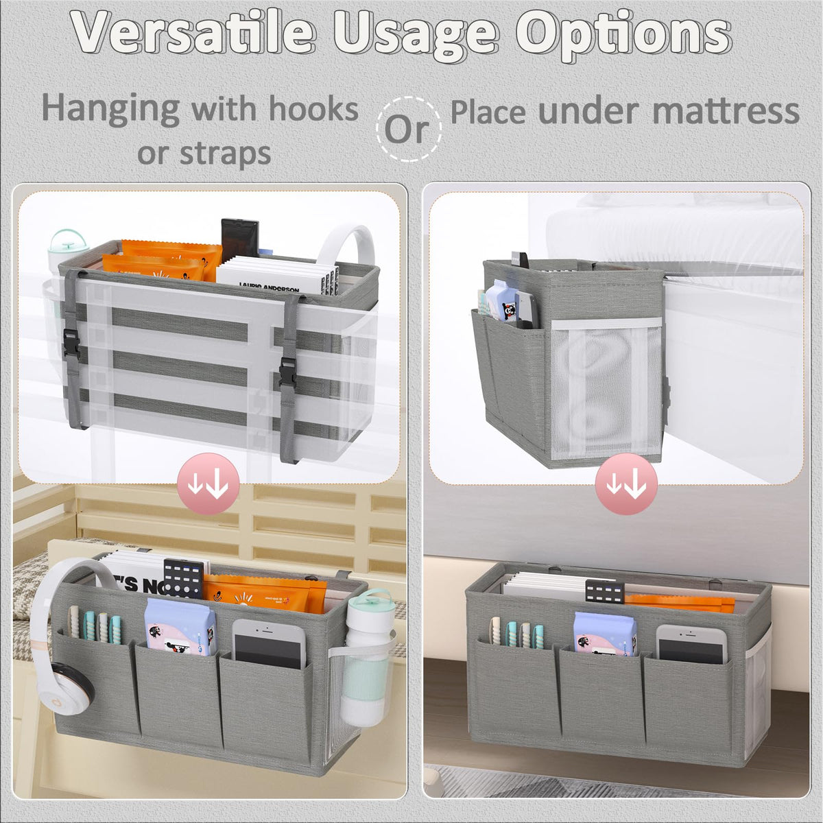 Bedside Caddy Bedside Storage Hanging Organizer for Bunk Dorm Bed Rail New Pink