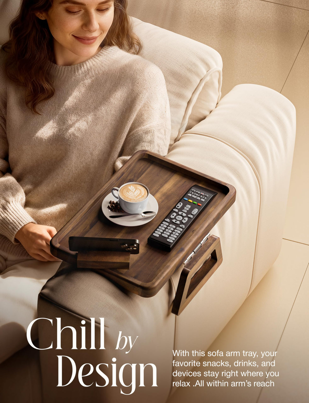 TINAMO Sofa Arm Tray with 360° Phone Holder, Clip-On Tray, Walnut Finish 13.8" x 9.5" x 1"