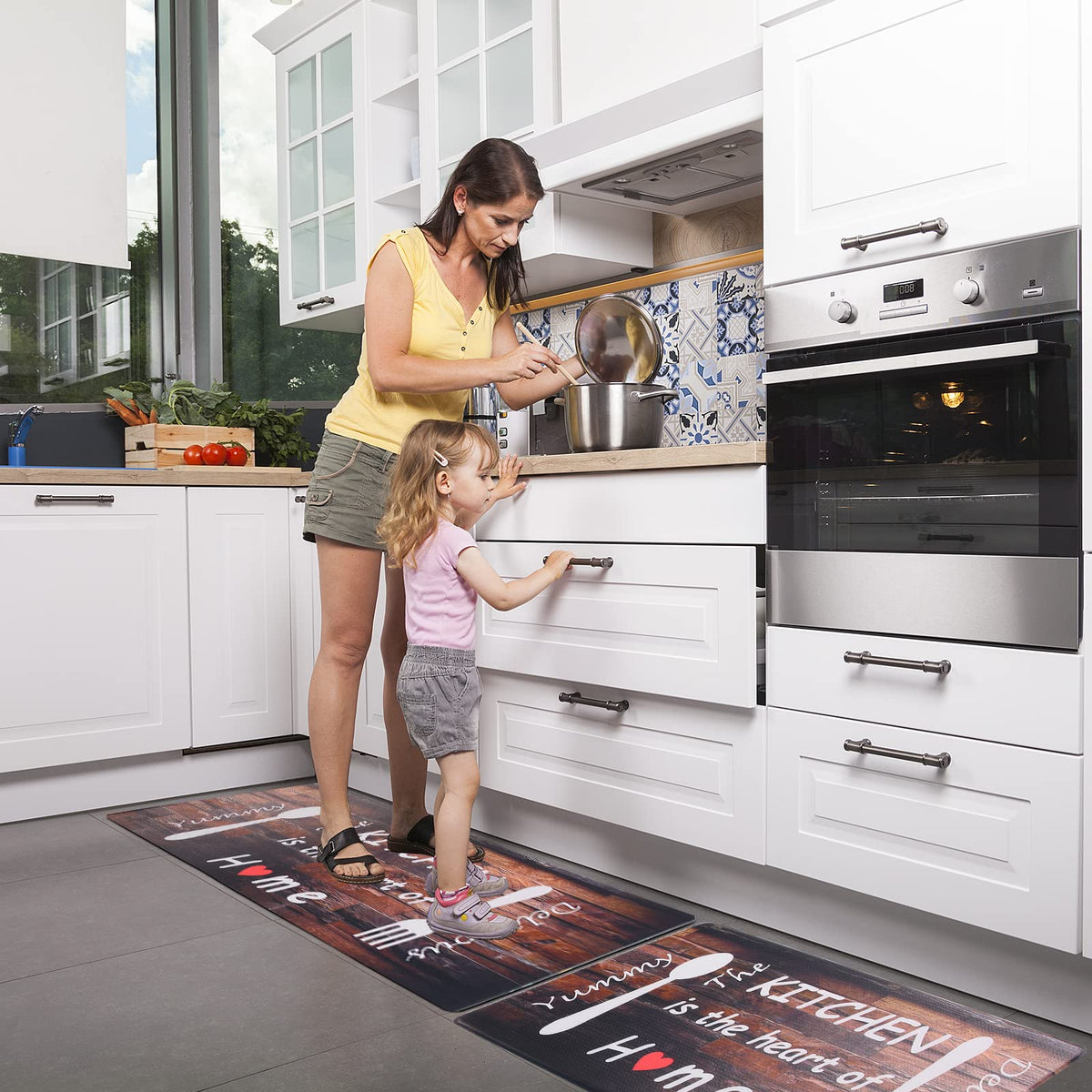 Floral Kitchen Mat Sets 2PCS Non Skid Waterproof Kitchen Rugs and Runner Sets Cushioned Anti-Fatigue Comfort Mat for Home,Office Memory Foam Kitchen Rug, 17.3"x30"+17.3"x47", Black/Pink 17"x30"+17"x47"--0.4 inches
