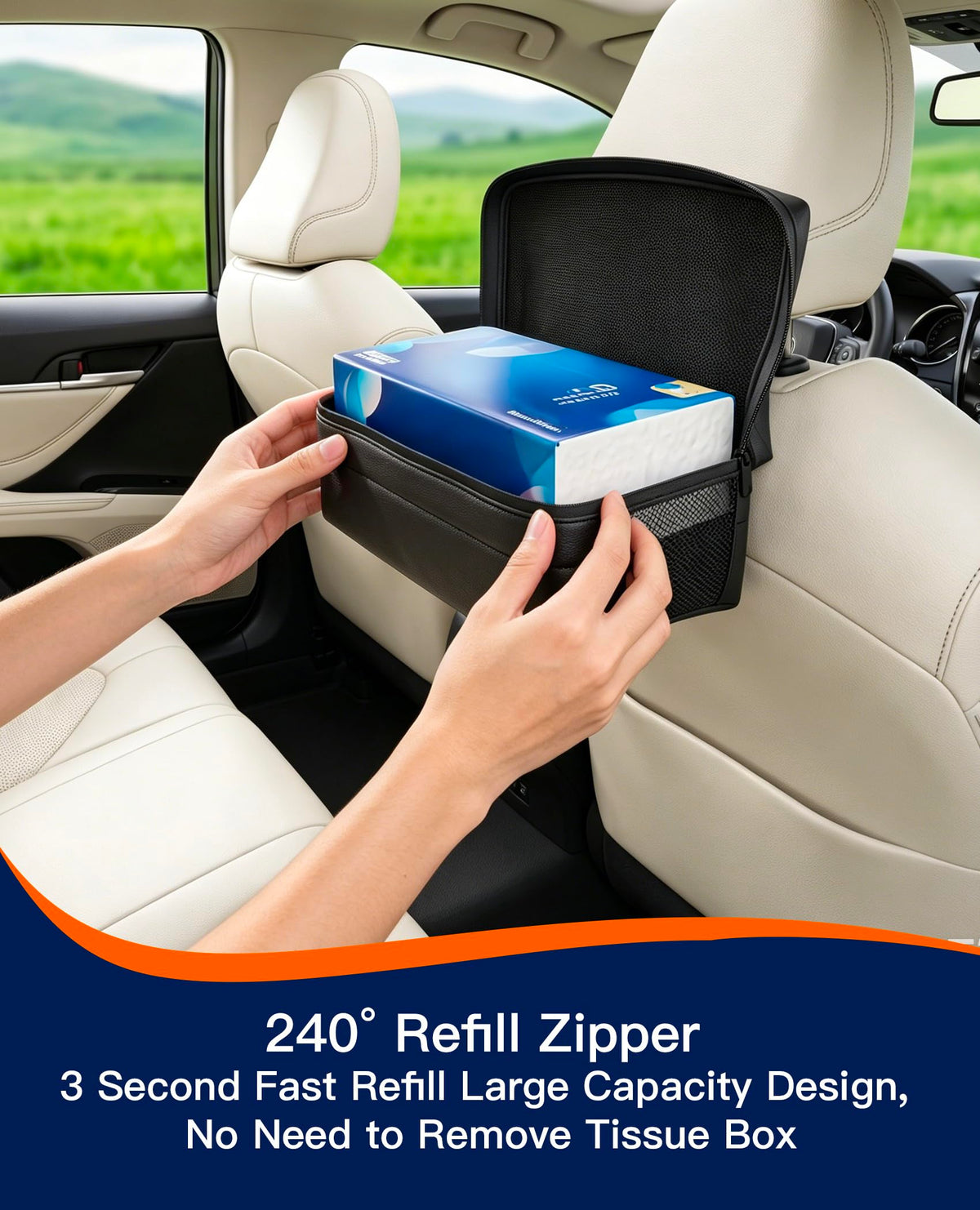 Large Car Tissue Holder PU Leather Organizer with 2 Mesh Pockets