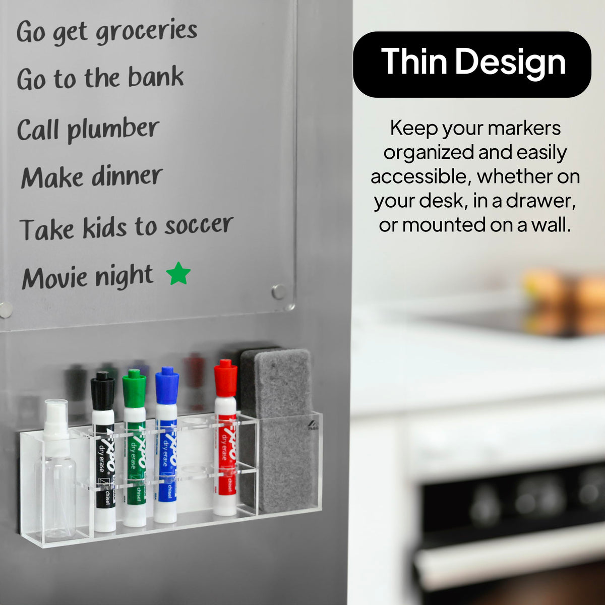 Slim Magnetic Dry Erase Marker Holder for Whiteboard, Space Saving Pen Organizer with Glass and Wall Mount Accessories for Fridge, Office, and School. Markers, Eraser, Cleaner Not Included (Black) Black