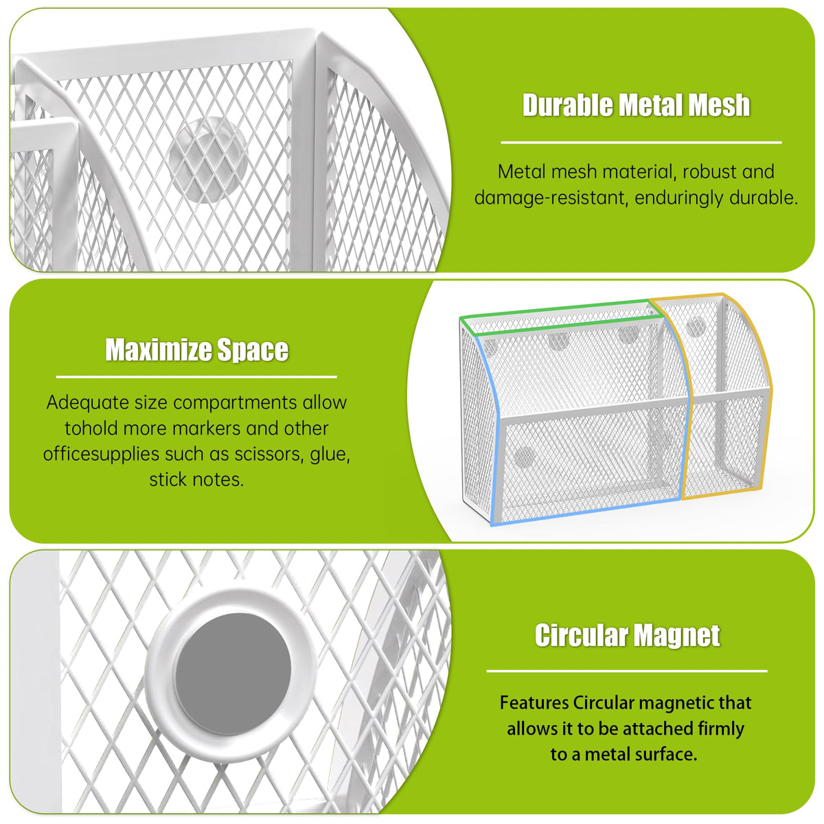 YINGHUA 3 Compartment Magnetic Metal Mesh Pen Holder, White Desk Caddy