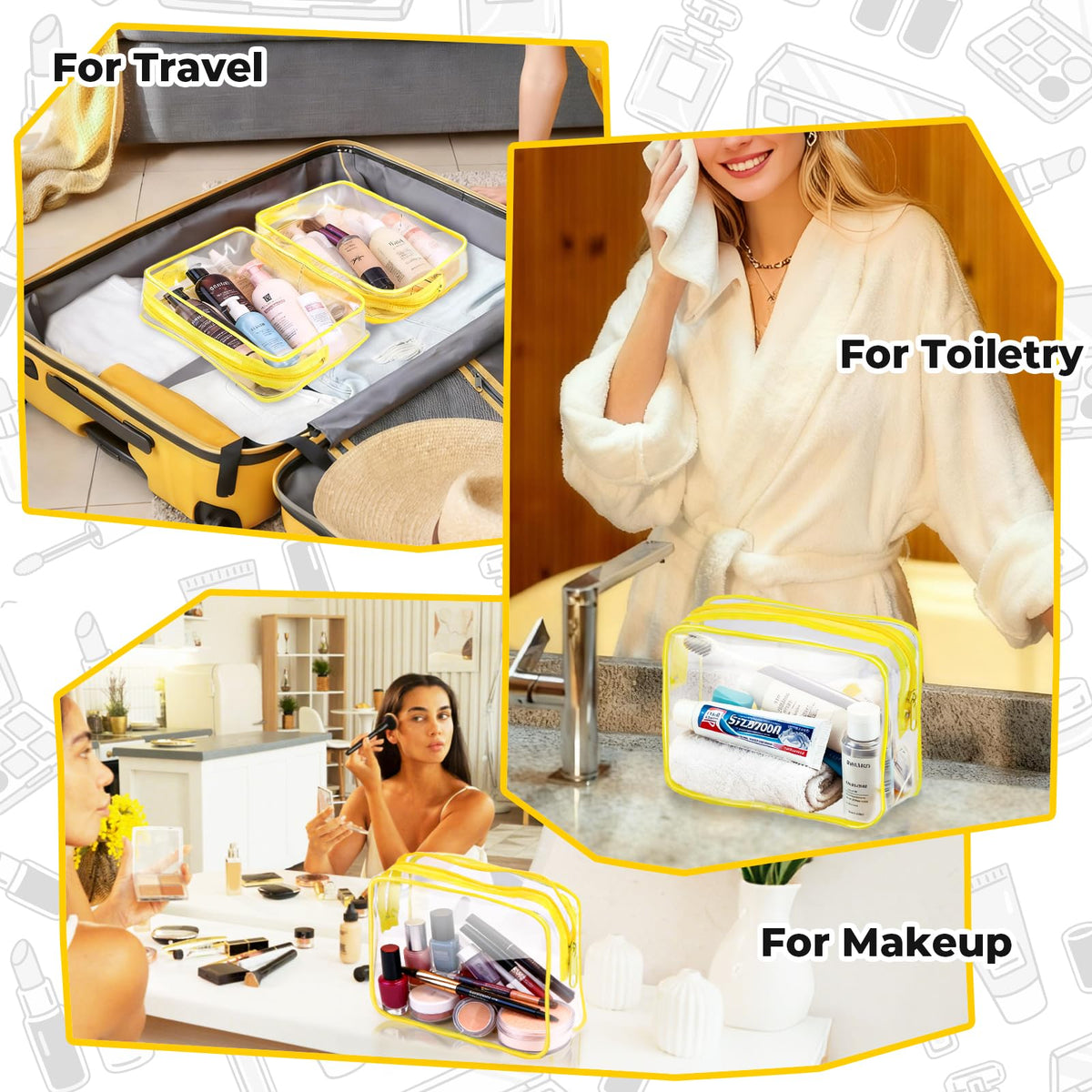 4 Pieces Clear Cosmetic Bags Bulk TSA Approved Toiletry Bag for Travel PVC Waterproof Clear Makeup Pouch with Zipper for Men and Women Carry-on Travel Essentials 4pcs SML Black